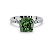 Solitaire Engagement Ring Setting for Fancy Green Cushion Cut Center with Micro Pave Band and Prong Head in Sterling Silver
