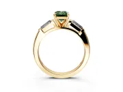 3 Stone Engagement Ring Setting for Fancy Green Emerald Cut Center with Tapered Baguettes, Plain Band and Prong Head in Yellow Gold