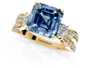 3 Stone Engagement Ring Setting for Fancy Blue Asscher Cut Center with Pave Twist Band and Prong Head in Yellow Gold
