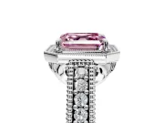 Milgrain Halo Engagement Ring Setting for Fancy Pink Asscher Cut Center with Pave Band and Prong Head in White Gold