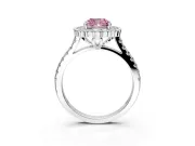 Milgrain Floral Halo Engagement Ring Setting for Fancy Pink Cushion Cut Center with Pave Band and Prong Head in White Gold
