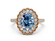 Milgrain Floral Halo Engagement Ring Setting for Fancy Blue Oval Center with Pave Band and Prong Head in Rose Gold