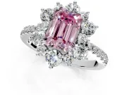 Floral Halo Engagement Ring Setting for Fancy Pink Emerald Cut Center with Pave Accents and Prong Head in Sterling Silver