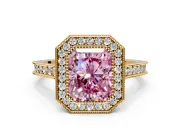 Halo Engagement Ring Setting for Fancy Pink Radiant Cut Center with Milgrain Pave Band and Bezel Head in Yellow Gold