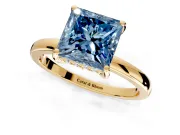 Solitaire Engagement Ring Setting for Fancy Blue Princess Cut Center with Fine Wire Band and Prong Head in Yellow Gold