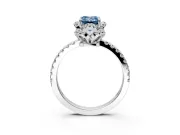 Halo Engagement Ring Setting for Fancy Blue Emerald Cut Center with Openwork Halo, Pave Band and Prong Head in Platinum