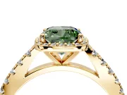 Halo Engagement Ring Setting for Fancy Green Cushion Cut Center with Full Pave Band and Prong Head in Yellow Gold