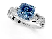 Leaf Engagement Ring Setting for Fancy Blue Cushion Cut Center with Milgrain Accent Band and Prong Head in White Gold