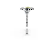 Halo Engagement Ring Setting for Fancy Yellow Oval Center with Milgrain Frame, Pave Band and Prong Head in Platinum