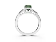 3 Stone Engagement Ring Setting for Fancy Green Cushion Cut Center with Baguette Accents and Prong Head in White Gold