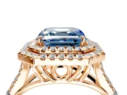 Double Halo Engagement Ring Setting for Fancy Blue Asscher Cut Center with Narrow Pave Split Shank and Prong Head in Rose Gold