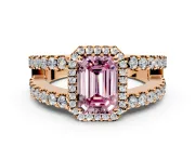 Halo Engagement Ring Setting for Fancy Pink Emerald Cut Center with Wide-Open Pave Split Shank and Prong Head in Rose Gold