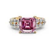 Cluster Engagement Ring Setting for Fancy Pink Asscher Cut Center with 2-Row Shoulder Clusters and Prong Head in Yellow Gold