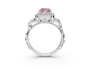 Halo Engagement Ring Setting for Fancy Pink Cushion Cut Center with Open Scroll Shoulders and Prong Head in White Gold