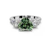 3 Stone Engagement Ring Setting for Fancy Green Heart-Shaped Center with Crossover Basket, Pave Band and Prong Head in White Gold