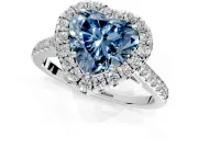 Halo Engagement Ring Setting for Fancy Blue Heart-Shaped Center with Narrowing Pave Band and Prong Head in White Gold