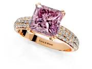 Solitaire Engagement Ring Setting for Fancy Pink Princess Cut Center with Multi-Row Pave Accents and Basket Head in Rose Gold