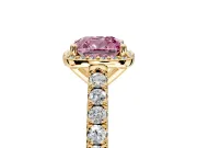 Halo Engagement Ring Setting for Fancy Pink Cushion Cut Center with Full Pave Band and Prong Head in Yellow Gold