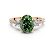 3 Stone Engagement Ring Setting for Fancy Green Oval Center with Round Cut Side Accents and Prong Head in Rose Gold