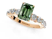 Shared-Prong Engagement Ring Setting for Fancy Green Emerald Cut Center with Graduated Accents and Prong Head in Rose Gold