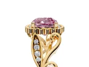 Halo Engagement Ring Setting for Fancy Pink Cushion Cut Center with Leaf Motif Split Shank and Prong Head in Yellow Gold