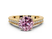 Solitaire Engagement Ring Setting for Fancy Pink Round Cut Center with Engraved Pave Band and Prong Head in Yellow Gold