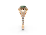 Double Halo Engagement Ring Setting for Fancy Green Cushion Cut Center with Narrow Pave Split Shank and Prong Head in Rose Gold