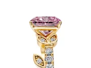Leaf Motif Engagement Ring Setting for Fancy Pink Radiant Cut Center with Pave Band and Prong Head in Yellow Gold
