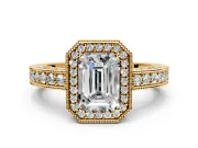 Milgrain Halo Engagement Ring Setting for Emerald Cut Center with Wide Pave Band and Prong Head in Yellow Gold