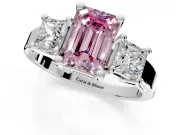 3 Stone Engagement Ring Setting for Fancy Pink Emerald Cut Center with Matching Side Accents and Prong Head in Platinum