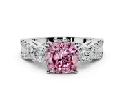 3 Stone Engagement Ring Setting for Fancy Pink Cushion Cut Center with Pave Split Shank and Prong Head in Platinum