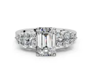 Cluster Engagement Ring Setting for Emerald Cut Center with 2-Row Shoulder Clusters and Prong Head in White Gold