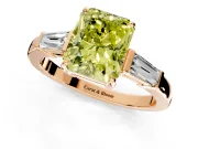 3 Stone Engagement Ring Setting for Fancy Yellow Radiant Cut Center with Baguette Accents and Prong Head in Rose Gold