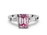 3 Stone Engagement Ring Setting for Fancy Pink Emerald Cut Center with Channel Baguette Accents and Prong Head in White Gold