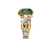 3 Stone Engagement Ring Setting for Fancy Green Cushion Cut Center with Crossover Basket, Pave Band and Prong Head in Yellow Gold
