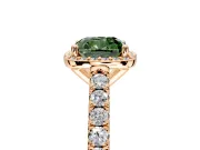 Halo Engagement Ring Setting for Fancy Green Cushion Cut Center with Full Pave Band and Prong Head in Rose Gold