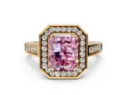 Halo Engagement Ring Setting for Fancy Pink Radiant Cut Center with Outer Bezel Rim, Pave Band and Prong Head in Yellow Gold