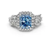 Milgrain Halo Engagement Ring Setting for Fancy Blue Radiant Cut Center with Shoulder Bezels and Prong Head in Platinum