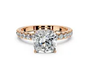 Open Basket Engagement Ring Setting for Cushion Cut Center with Pave Band and Prong Head in Rose Gold