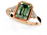 Cluster Engagement Ring Setting for Fancy Green Emerald Cut Center with Milgrain Shoulder Clusters and Prong Head in Rose Gold