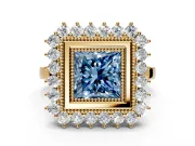 Halo Engagement Ring Setting for Fancy Blue Princess Cut Center with Milgrain Bezel Rim, Plain Band and Prong Head in Yellow Gold