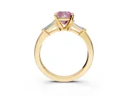 3 Stone Engagement Ring Setting for Fancy Pink Cushion Cut Center with Channel Baguette Accents and Prong Head in Yellow Gold