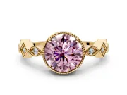 Milgrain Bezel Engagement Ring Setting for Fancy Pink Round Cut Center with Marquise Stations and Bezel Head in Yellow Gold