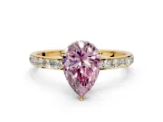 Hidden Halo Engagement Ring Setting for Fancy Pink Pear-Shaped Center with Pave Band and Prong Head in Yellow Gold