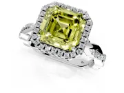 Halo Engagement Ring Setting for Fancy Yellow Asscher Cut Center with Pave and Plain Twist Band and Prong Head in White Gold