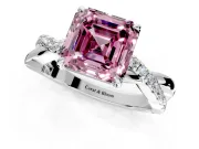 Crossover Engagement Ring Setting for Fancy Pink Asscher Cut Center with Pave and Plain Strands and Prong Head in White Gold