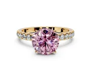 Open Basket Engagement Ring Setting for Fancy Pink Round Cut Center with Pave Band and Prong Head in Yellow Gold