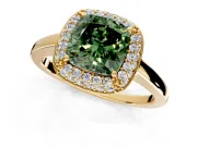 Halo Engagement Ring Setting for Fancy Green Cushion Cut Center with Plain Tapered Band and Prong Head in Yellow Gold