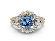 Halo Engagement Ring Setting for Fancy Blue Cushion Cut Center with Two-Strand Split Shank and Prong Head in Yellow Gold