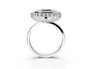 Halo Engagement Ring Setting for Fancy Blue Asscher Cut Center with Milgrain Bezel Rim, Plain Band and Prong Head in Sterling Silver